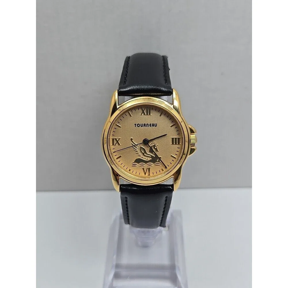 Tourneau Pegasus Limited Edition Gold Tone Black Leather Quartz Watch New Batter